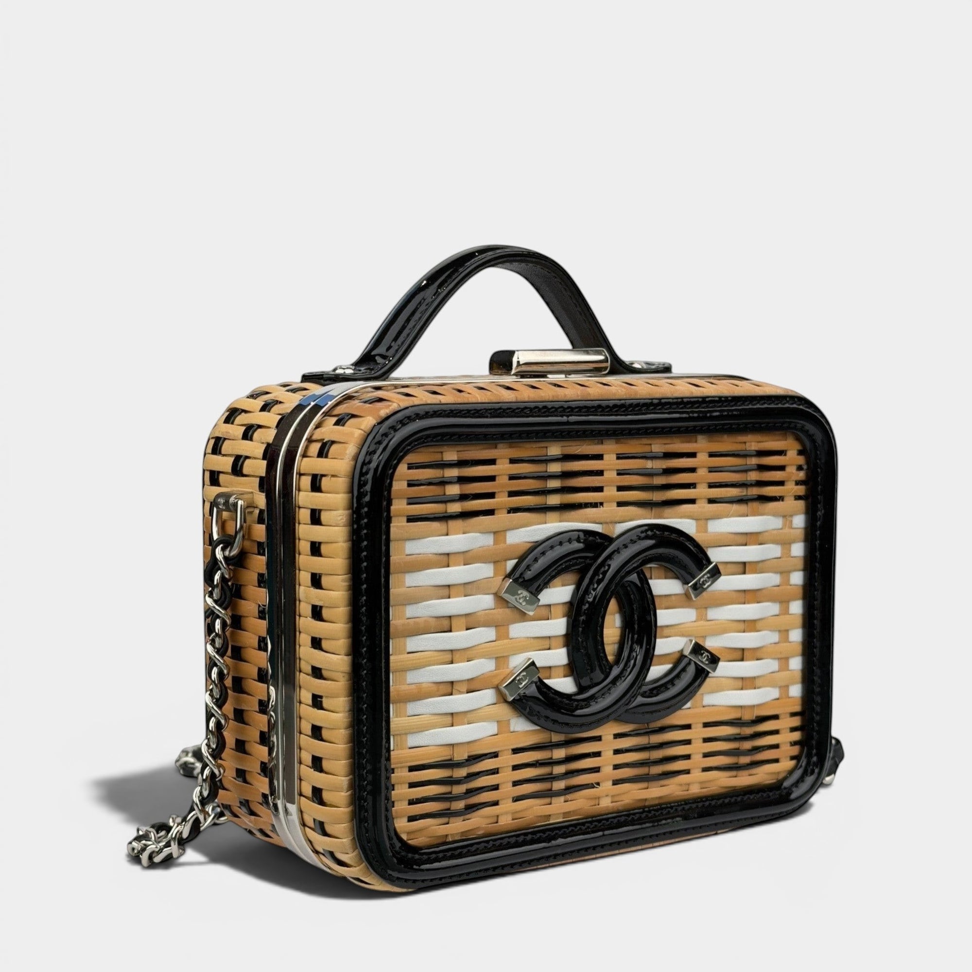 Chanel Beige Black Rattan and Patent LeatherCC Vanity Case Bag ch