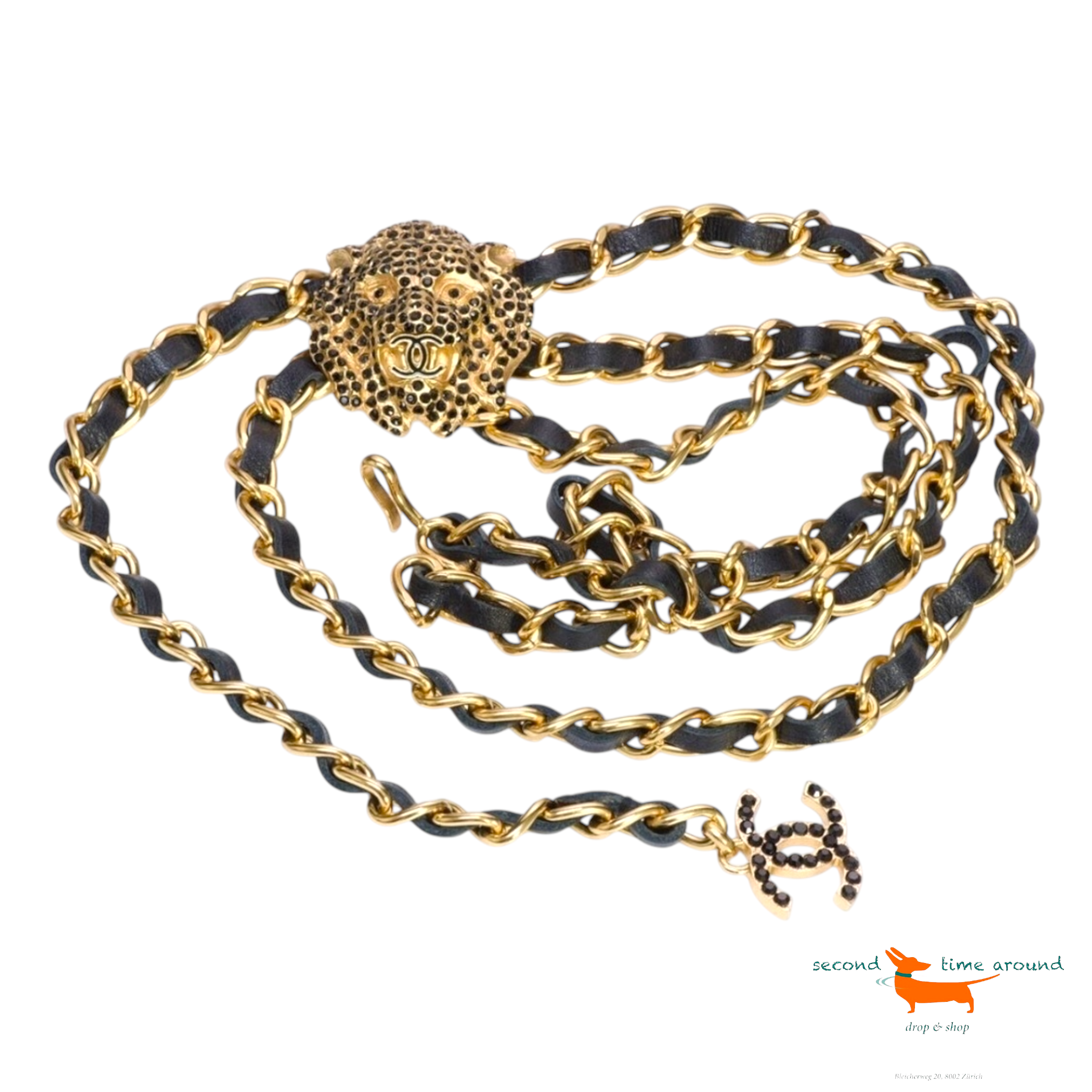 Chanel Autumn 2001 Gold Plated Black Leather CC Cristal Lion Belt Very  Rare