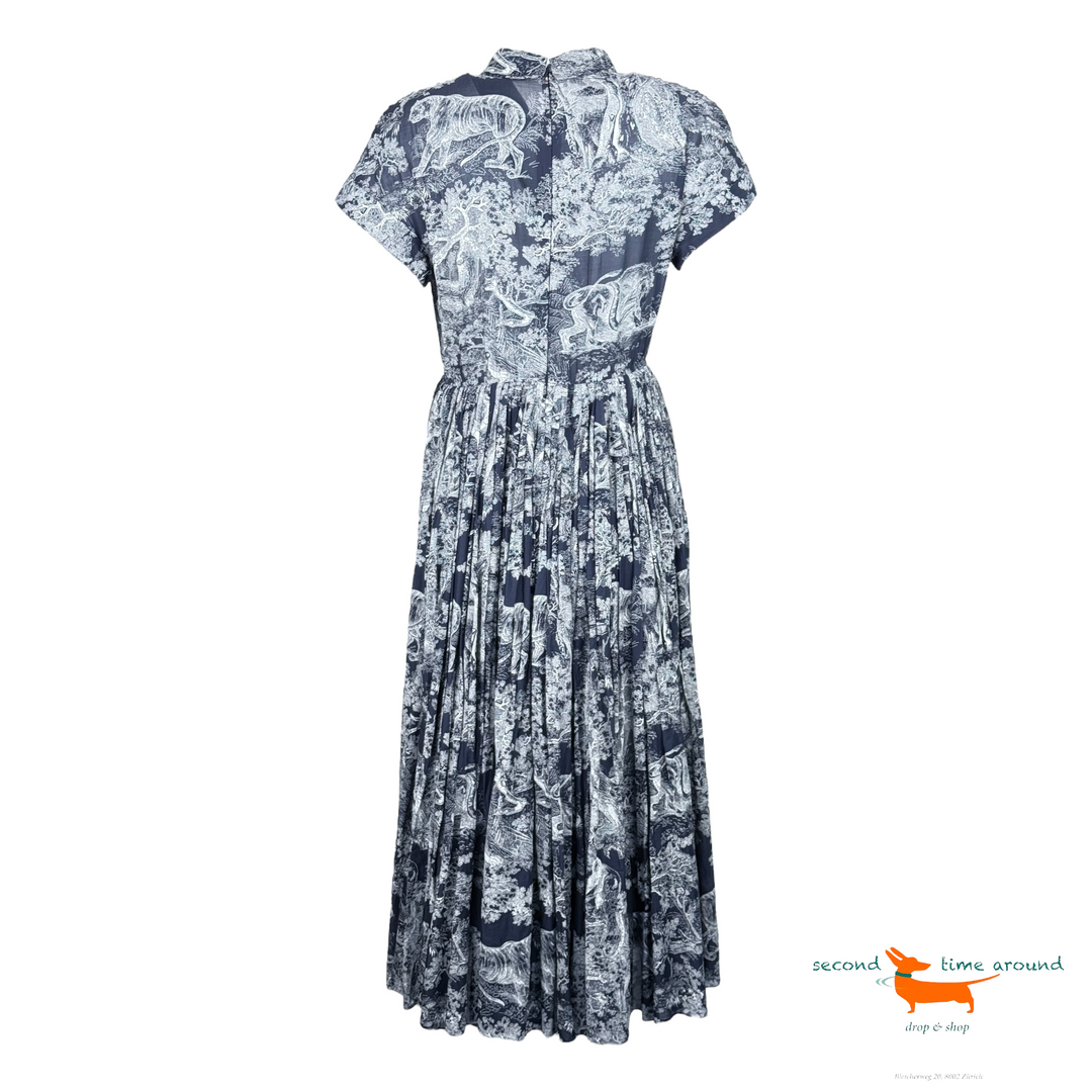 Christian Dior Mid-length Dress in Cotton Muslin with Wild Toile de Jouy Pattern in White and Blue