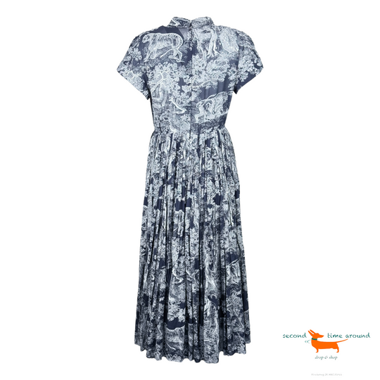 Christian Dior Mid-length Dress in Cotton Muslin with Wild Toile de Jouy Pattern in White and Blue