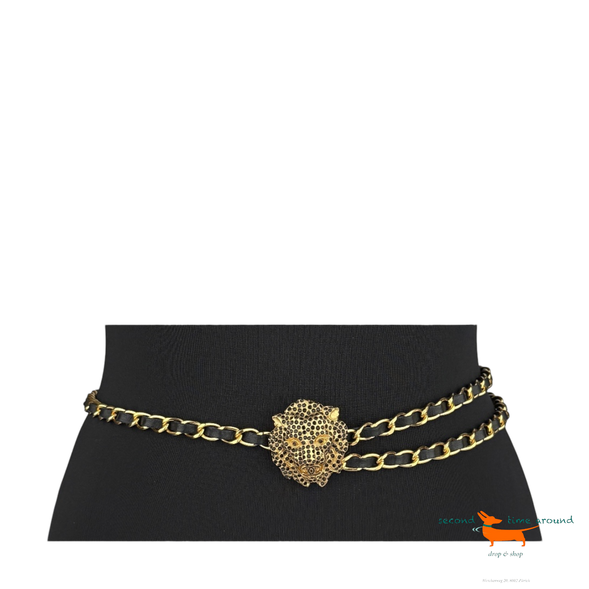 Chanel Autumn 2001 Gold Plated Black Leather CC Cristal Lion Belt Very  Rare