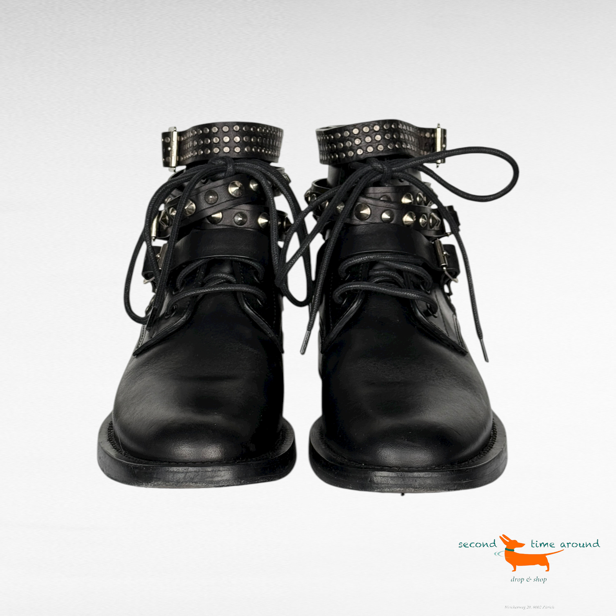 Saint Laurent Black Leather Studded Rangers Ankle Boots