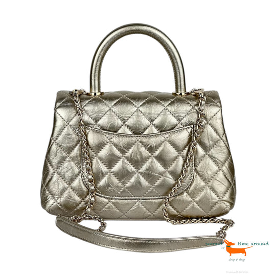 Chanel Metallic Aged Calfskin Quilted Coco Handle Flap Gold Bag