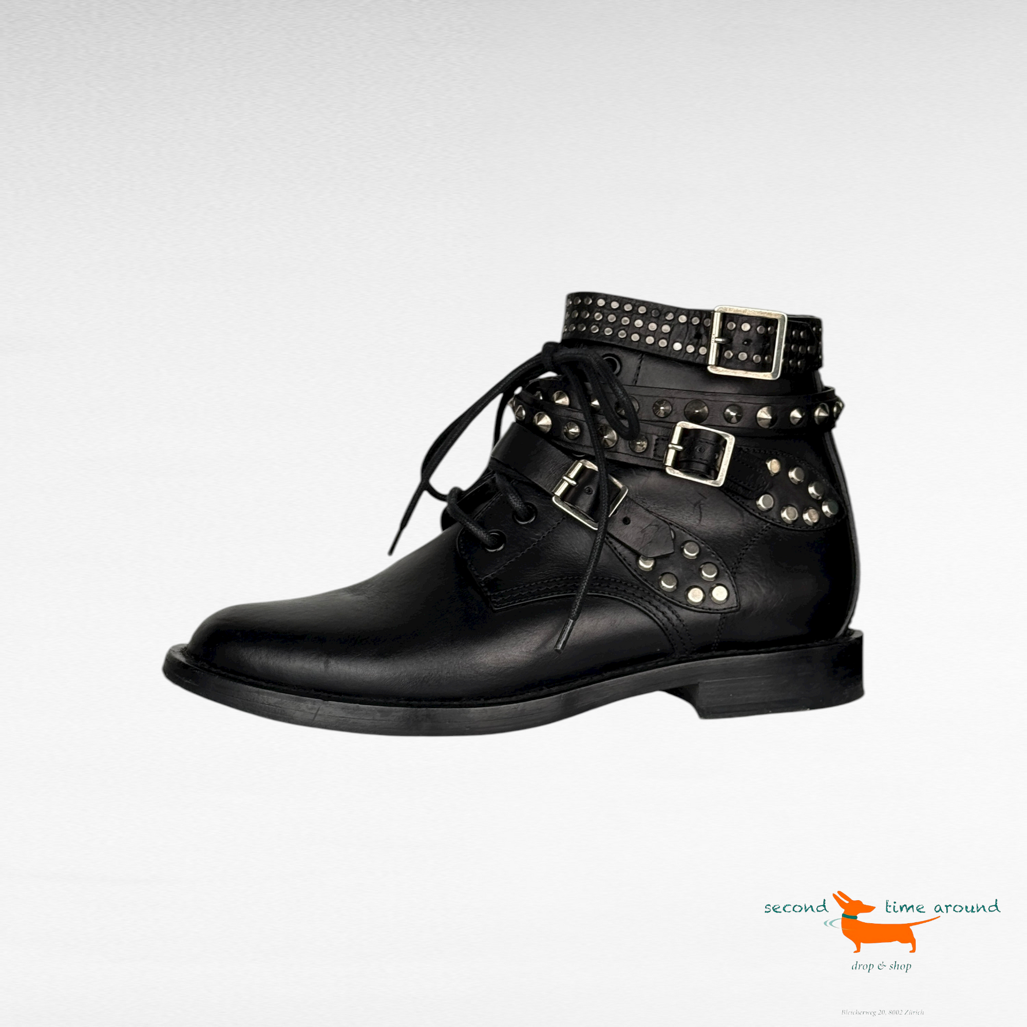 Saint Laurent Black Leather Studded Rangers Ankle Boots