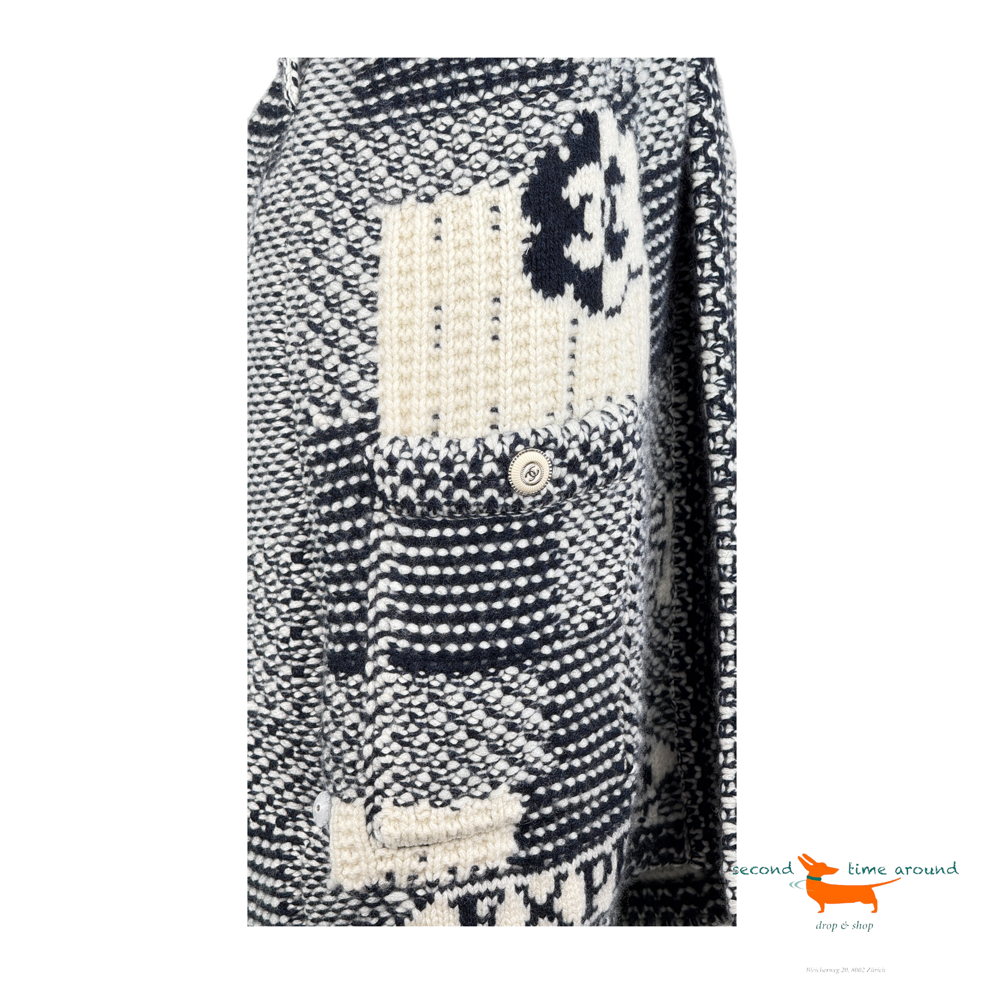 Chanel Navy & White Cashmere 2020 Short Sleeve Belted Knit Coat