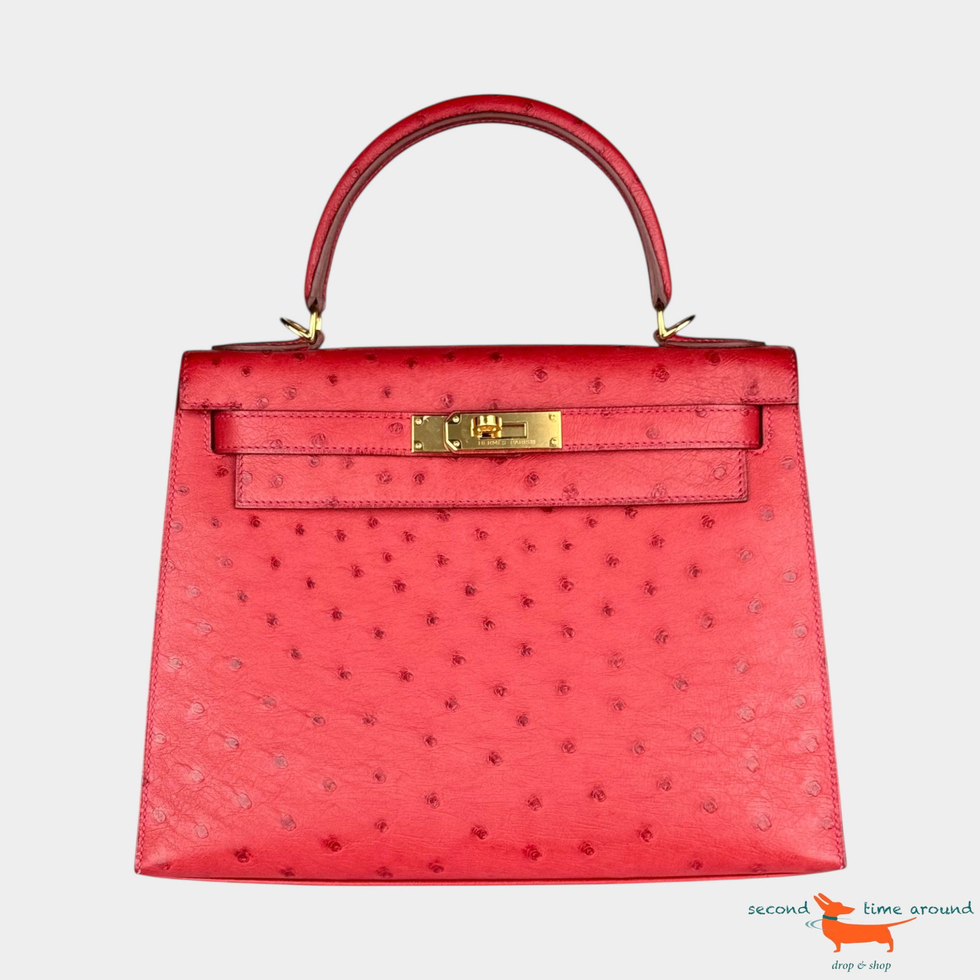 Hermes Kelly II Sellier 28 Ostrich Rouge Vif Bag
