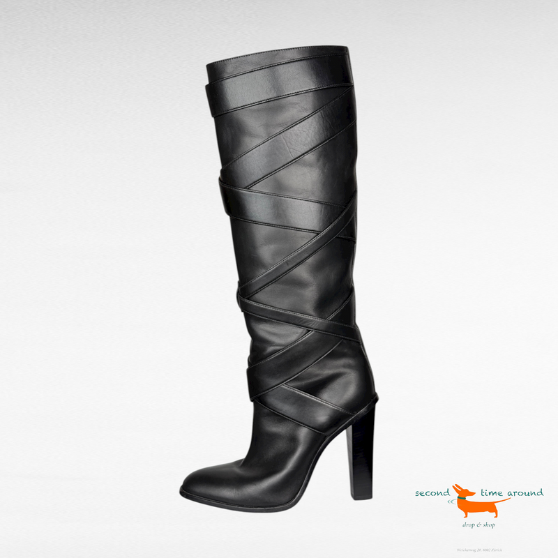 Saint Laurent Black Hunter Leather High Strap  Heeled Boots