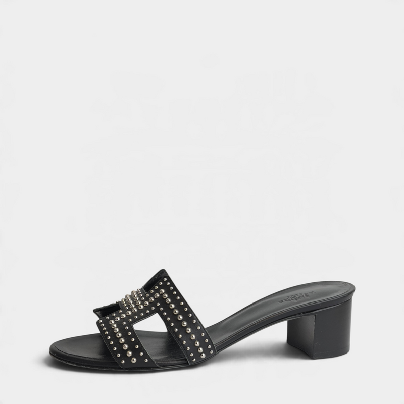 Hermes Black Studded Leather Oasis Sandals