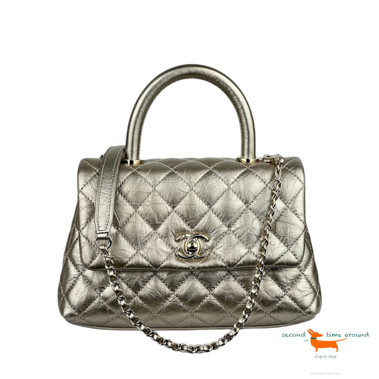 Chanel Metallic Aged Calfskin Quilted Coco Handle Flap Gold Bag