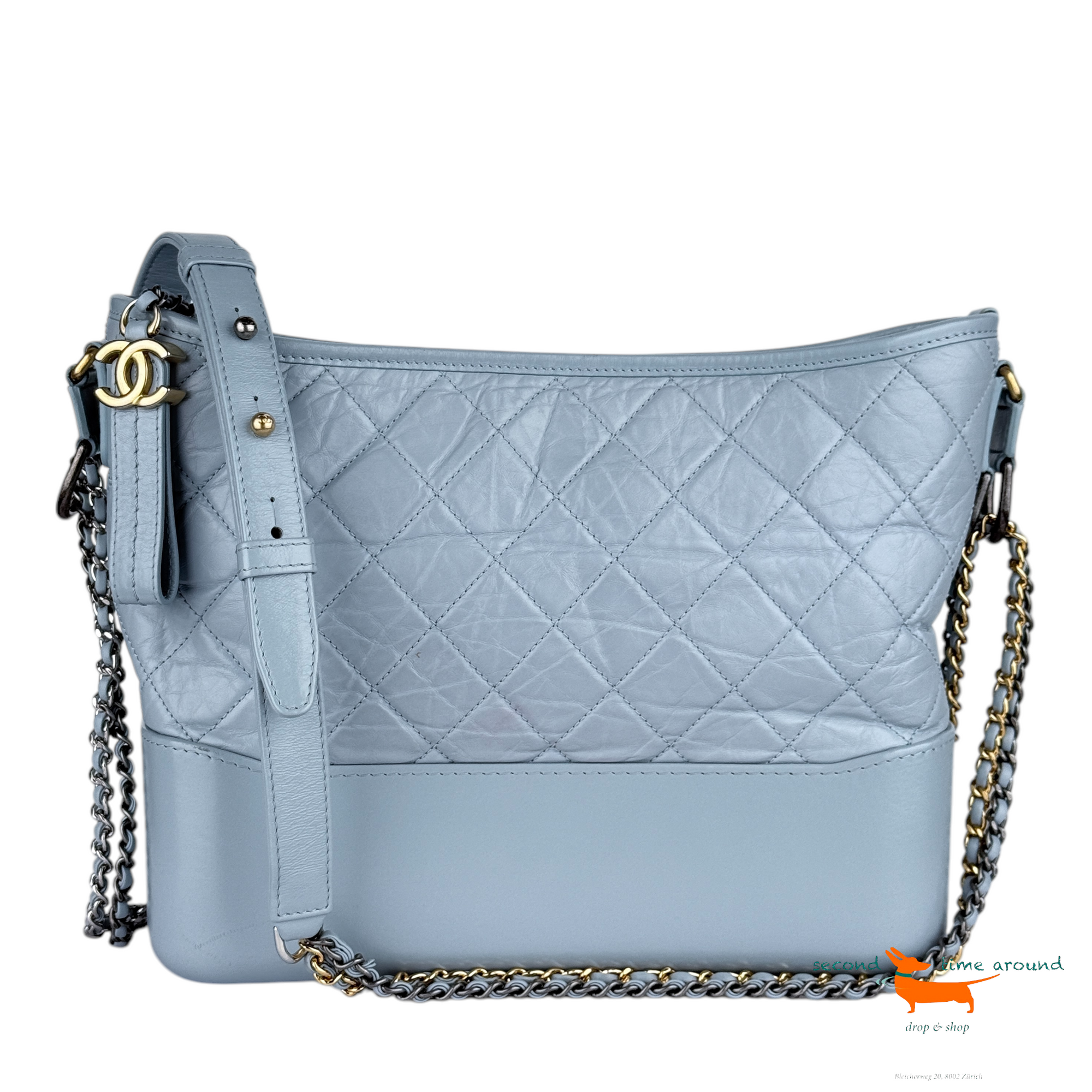 Chanel Aged Calfskin Quilted Medium Gabrielle Hobo Light Blue Bag