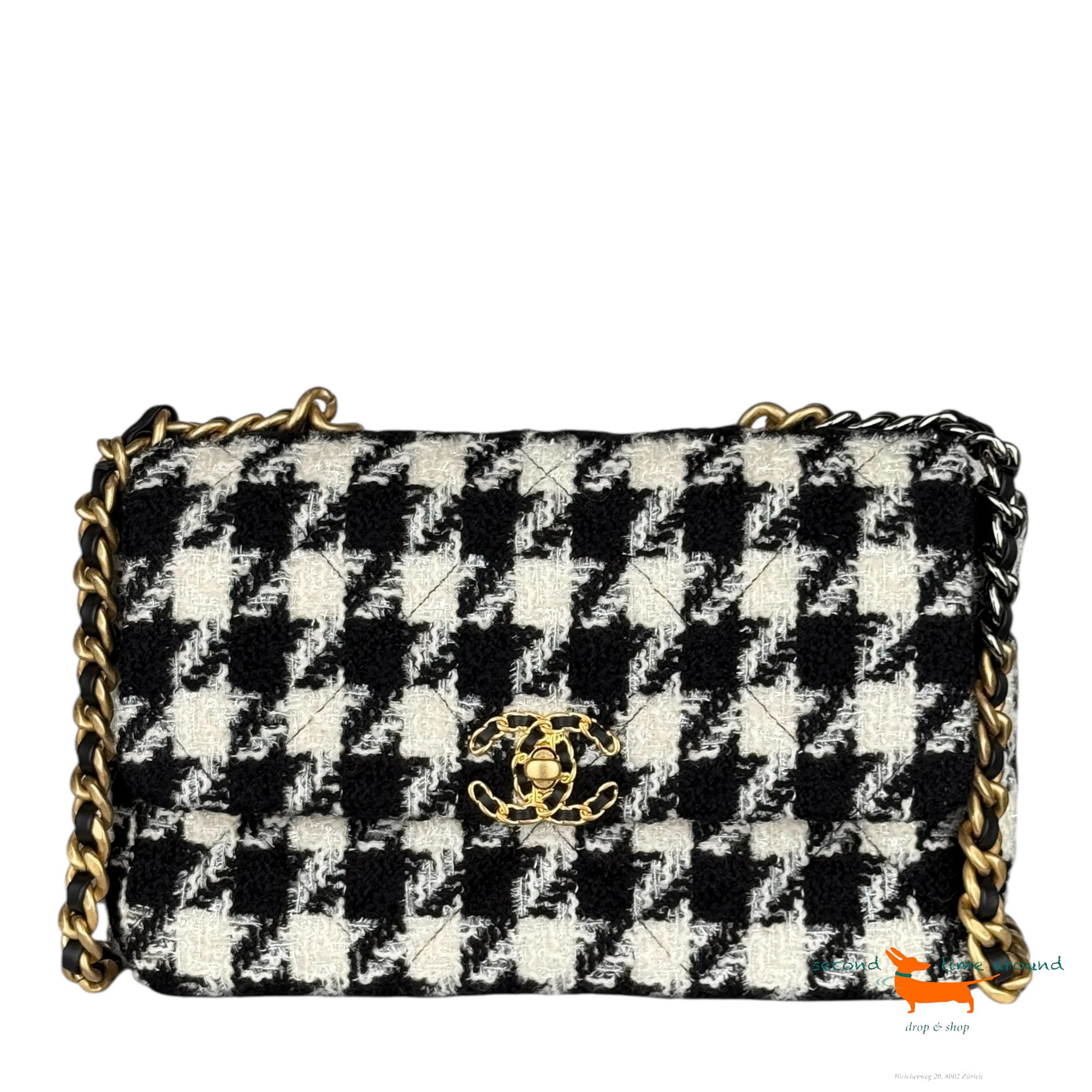 Chanel 19 Bag Tweed Houndstooth Large Black White
