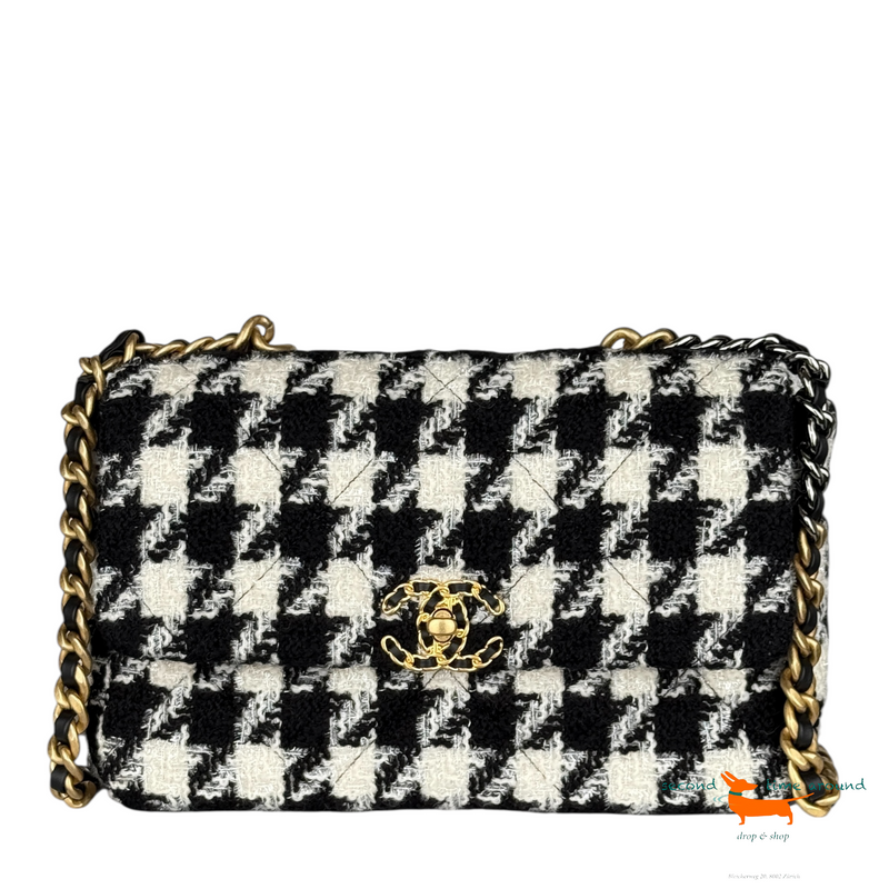 Chanel 19 Bag Tweed Houndstooth Large Black White