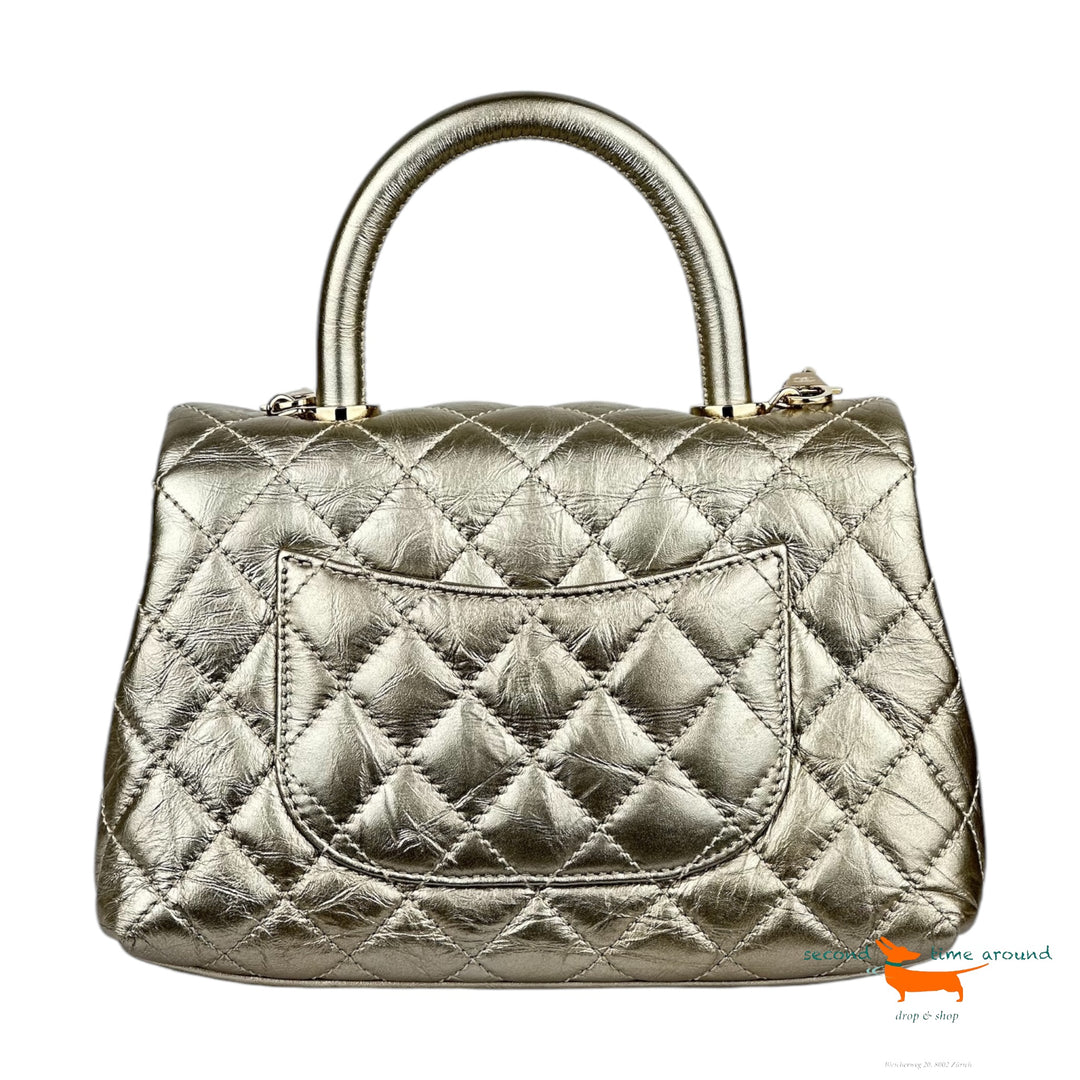 Chanel Metallic Aged Calfskin Quilted Coco Handle Flap Gold Bag