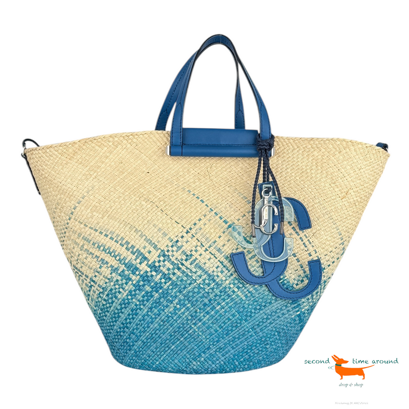 Jimmy Choo Macy Raffia Basket Natural And Butterfly Blue