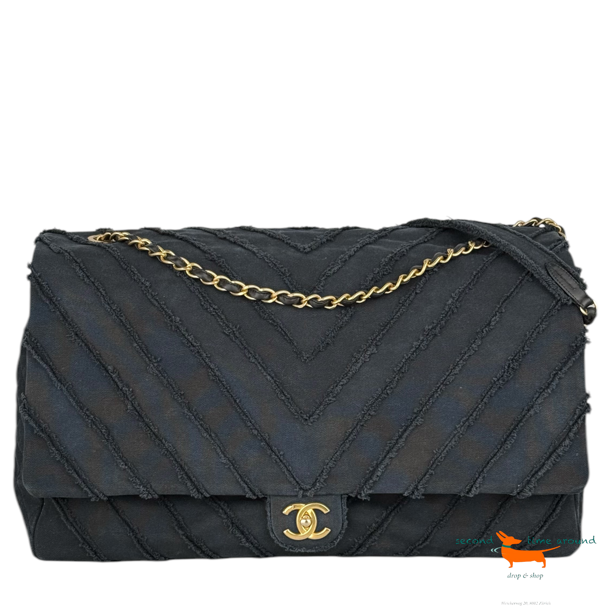 Chanel Black Chevron Canvas XXL PatchworkFlap Bag