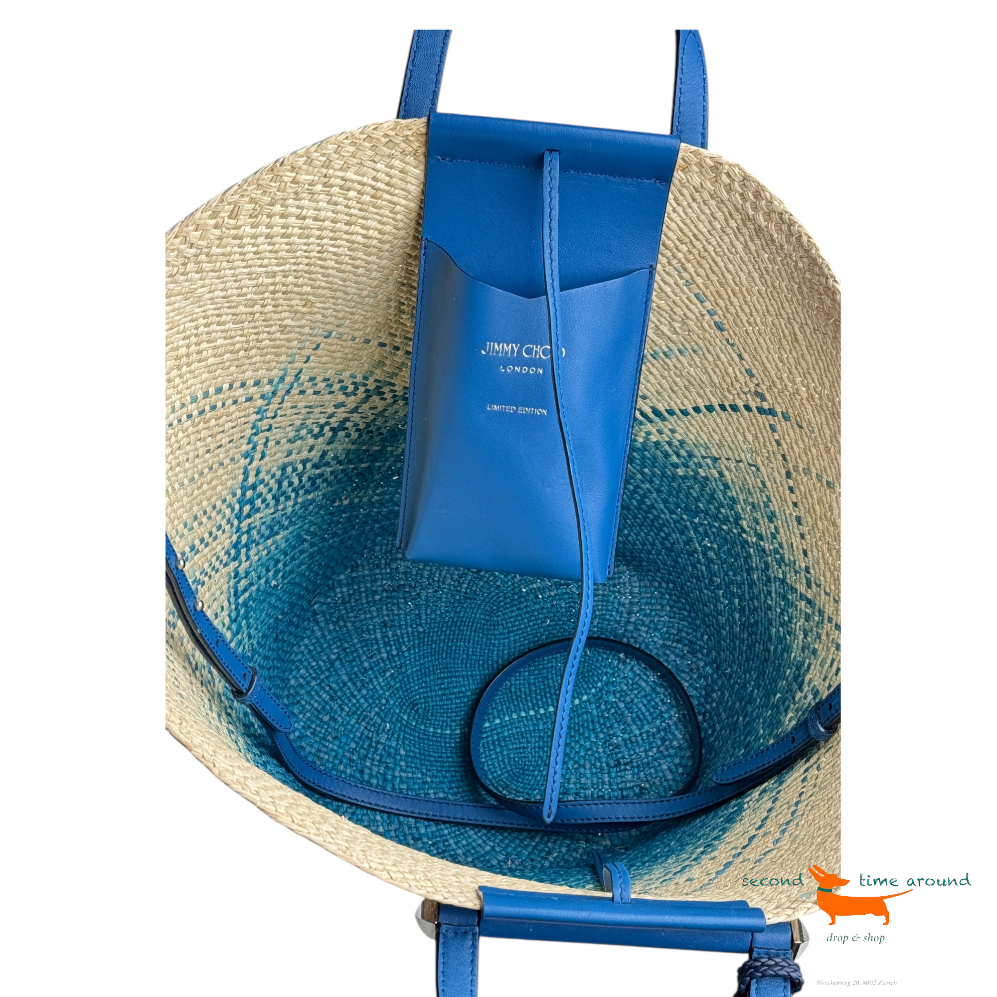 Jimmy Choo Macy Raffia Basket Natural And Butterfly Blue