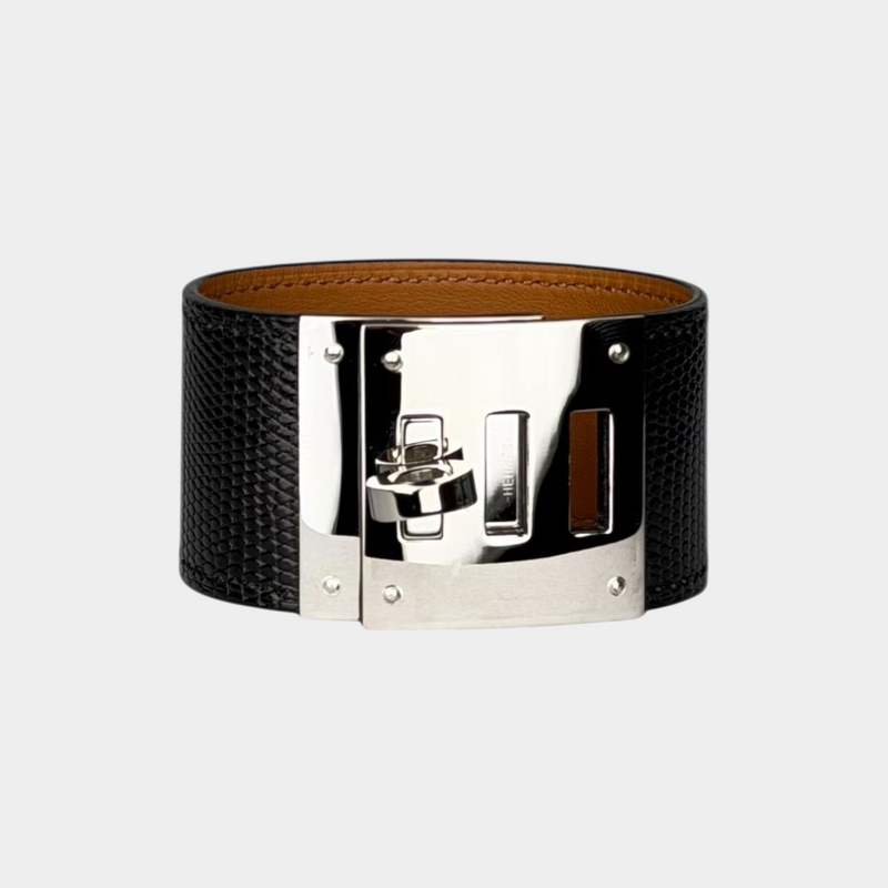 Hermes Palladium-Plated Black Lizard Kelly Dog Bracelet