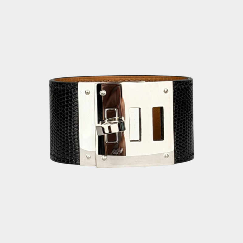 Hermes Palladium-Plated Black Lizard Kelly Dog Bracelet