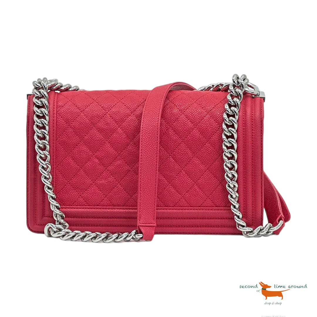 Chanel Red Quilted Old Boy Bag of Caviar Leather with Silver Tone Hardware