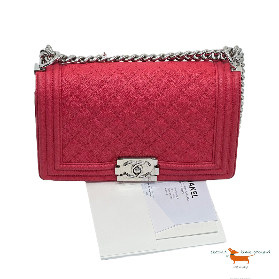 Chanel Red Quilted Old Boy Bag of Caviar Leather with Silver Tone Hardware