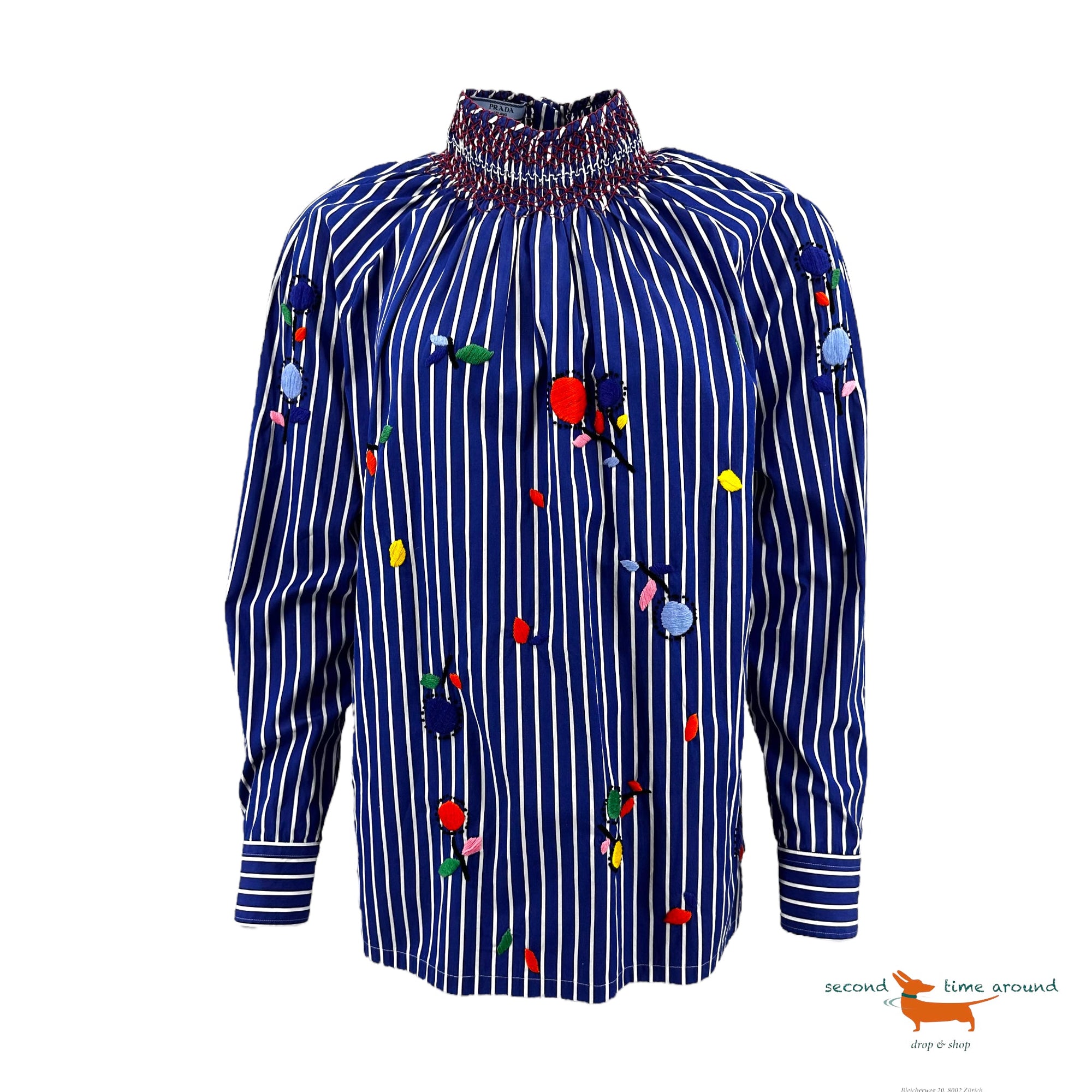 Prada Embroidered Cotton Smocked Blouse