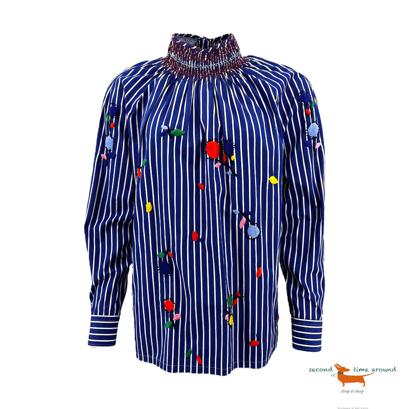 Prada Embroidered Cotton Smocked Blouse