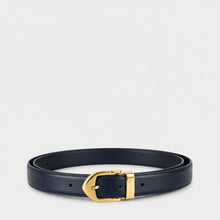 Secondtimearound black leather belt with gold buckle and Louis Vuitton branding. Classic design.