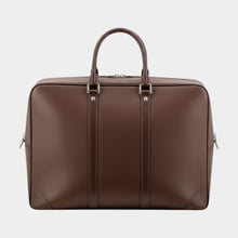 Secondtimearound brown leather briefcase with top handles and silver hardware. Classic design for business travel.