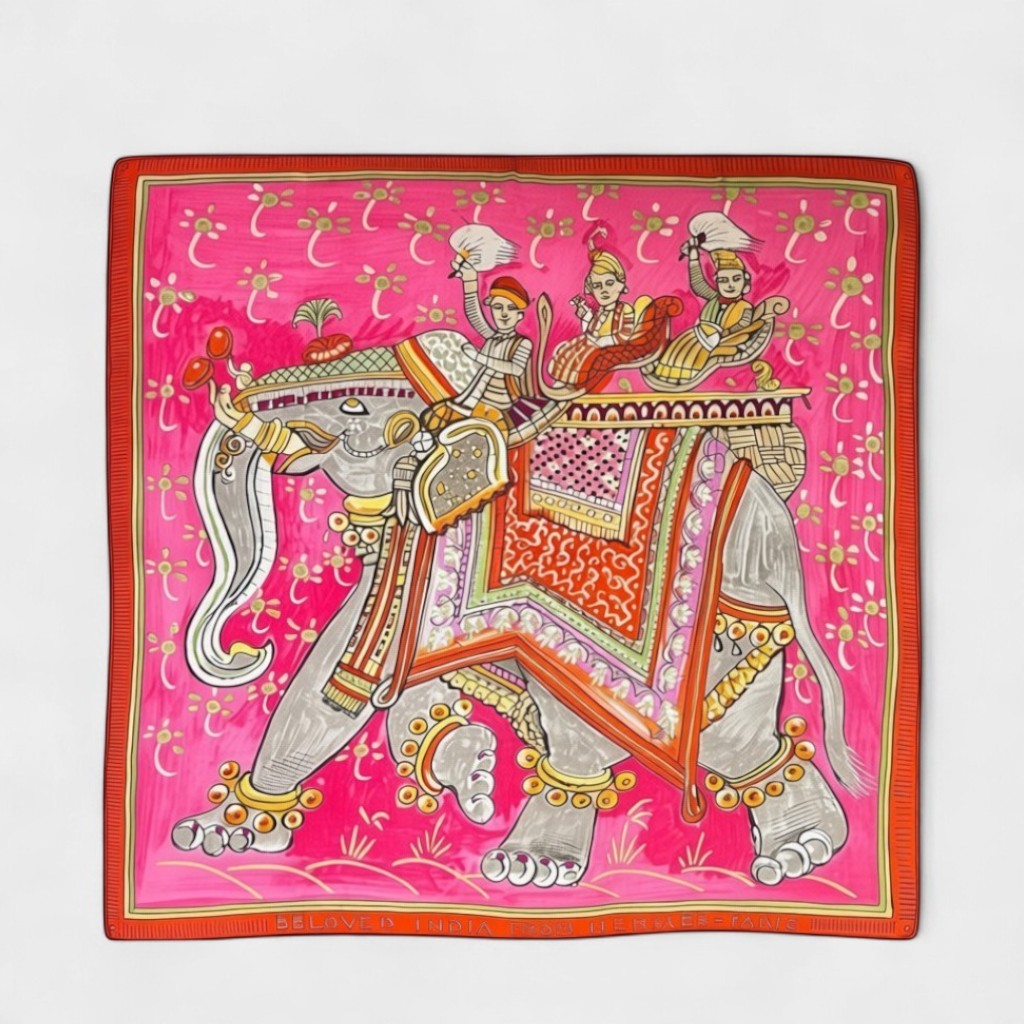 Secondtimearound Hermes Beloved India silk scarf featuring a pink background with an ornate elephant carrying riders. Designed by Philippe Dumas.