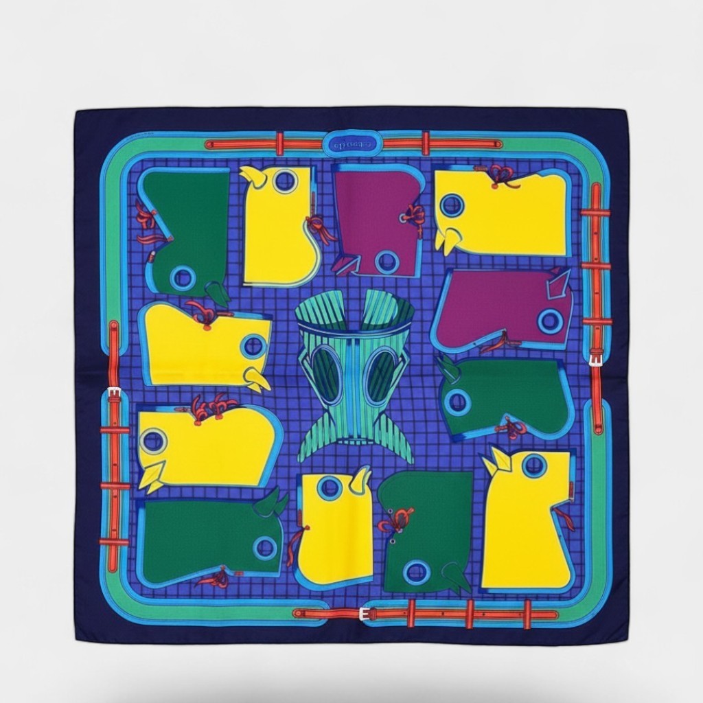 Secondtimearound Hermes Camails silk scarf featuring colorful abstract horse heads and equestrian tack on a navy blue grid background.