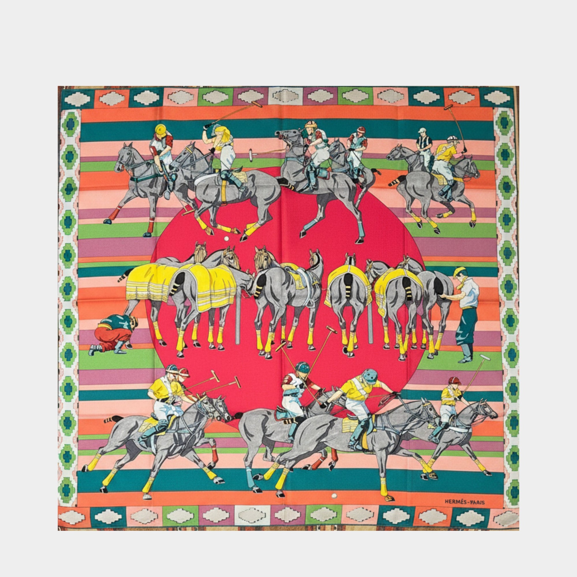 Secondtimearound Hermes Les Poneys de Polo silk scarf by Hubert de Watrigant, featuring a polo match scene with horses and riders on a vibrant striped background.