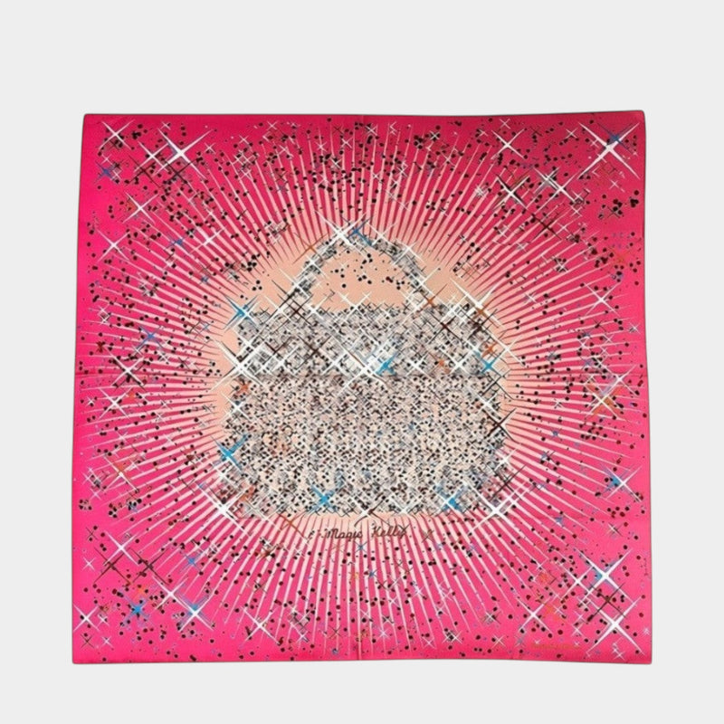 Secondtimearound Hermes Magic Kelly scarf in pink silk with a sparkling glitter and starburst design. Features "Magic Kelly" text.