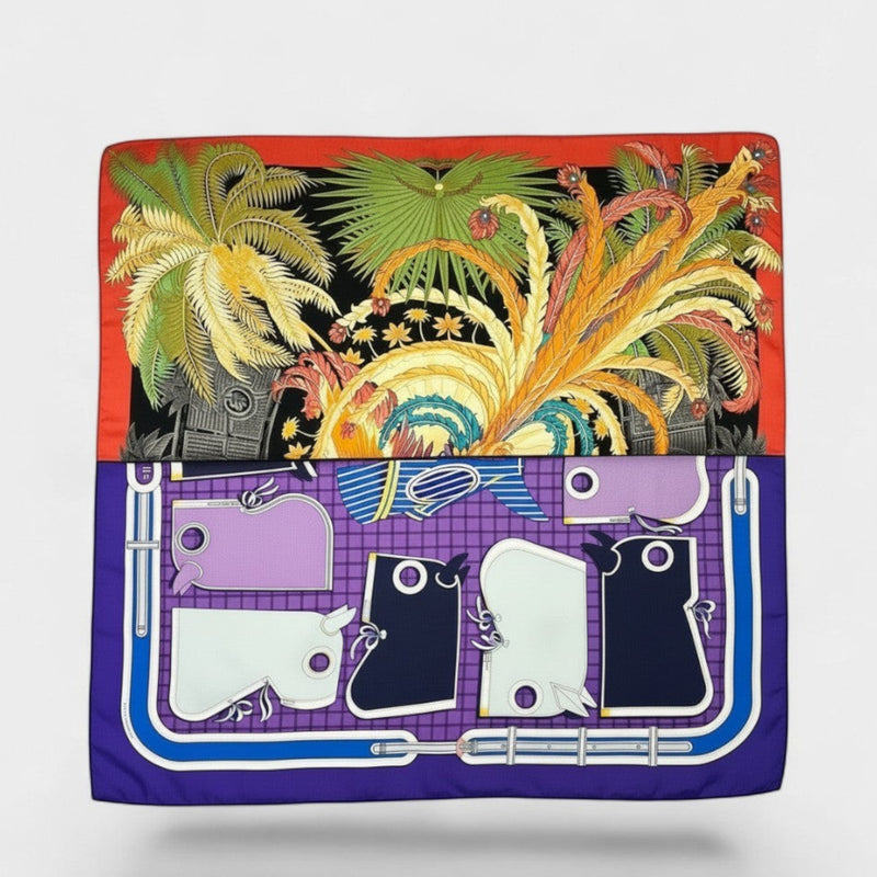 Secondtimearound Hermes silk scarf with a tropical bird and palm tree design on a black and red background, and horse tack details on a purple background.