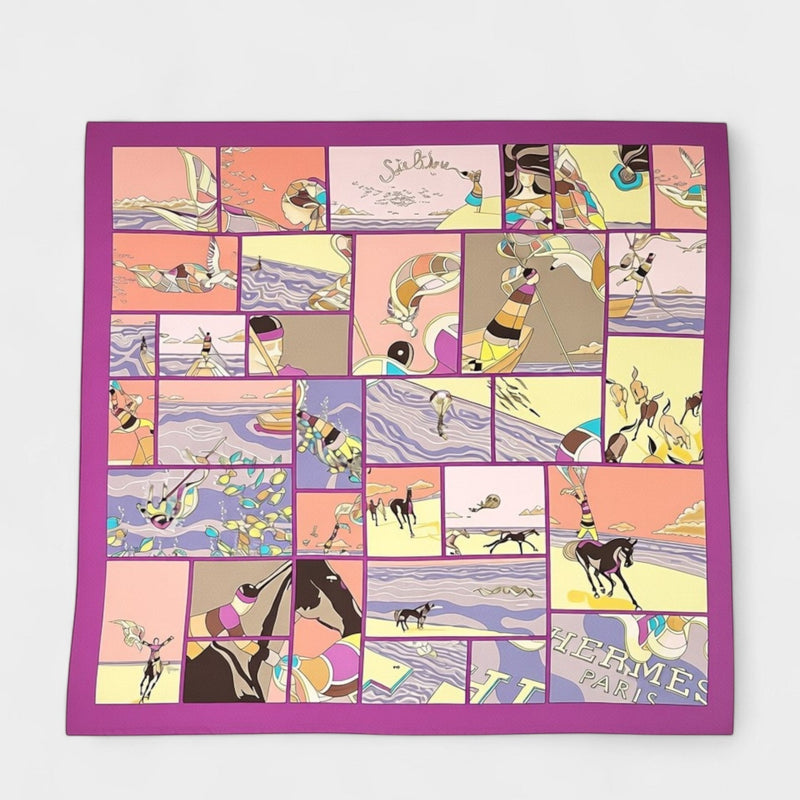 Secondtimearound Hermes Soie Libre silk scarf by Virginie Jamin, featuring a collage of scenes with horses, sailing, and figures in vibrant pink, yellow, and purple.