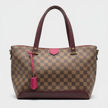 Secondtimearound Louis Vuitton Damier Ebene Hyde Park tote bag in fuchsia and burgundy leather with gold hardware and lock.