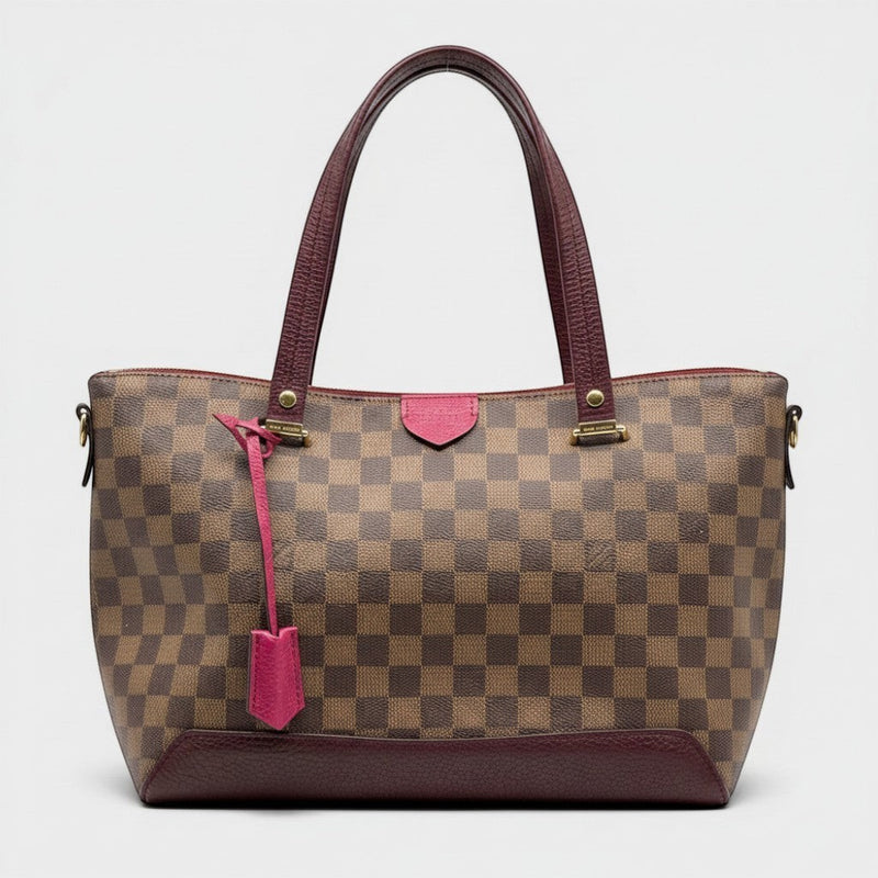 Secondtimearound Louis Vuitton Damier Ebene Hyde Park tote bag in fuchsia and burgundy leather with gold hardware and lock.