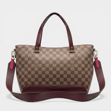Secondtimearound Louis Vuitton Damier Hyde Park tote bag in fuchsia and brown checkerboard canvas with burgundy leather trim and strap.