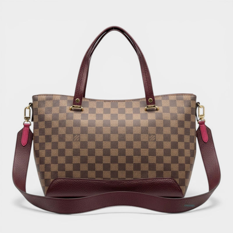 Secondtimearound Louis Vuitton Damier Hyde Park tote bag in fuchsia and brown checkerboard canvas with burgundy leather trim and strap.