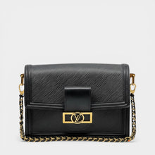 Secondtimearound Louis Vuitton Dauphine MM black Epi leather shoulder bag with gold chain strap and LV logo clasp.
