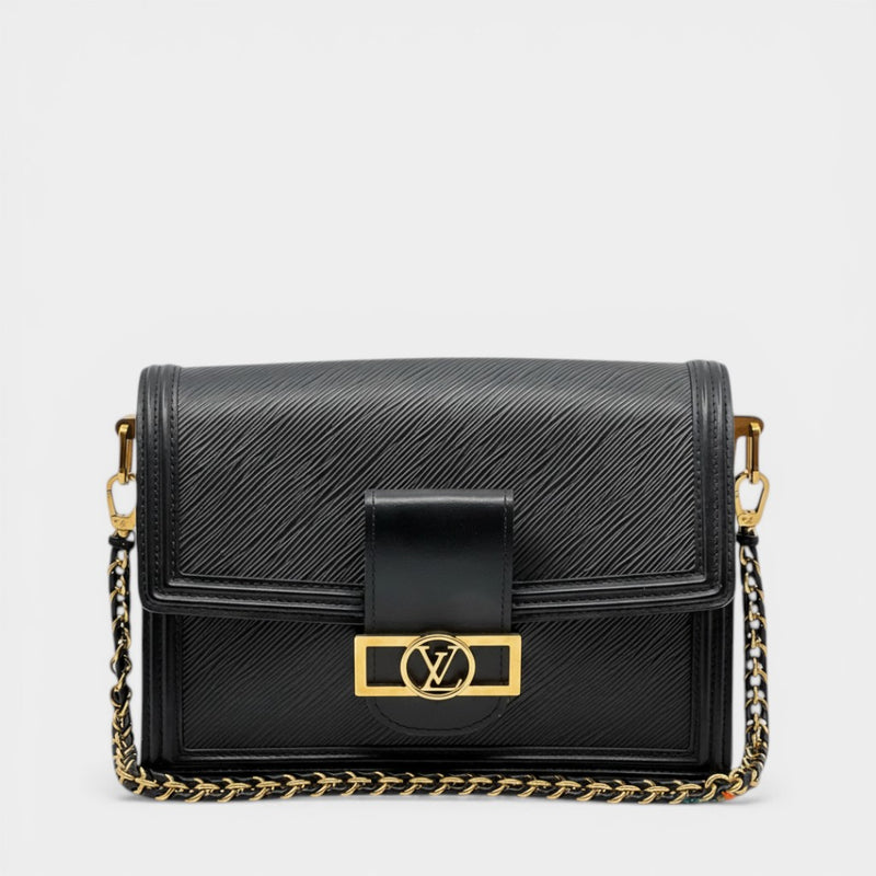 Secondtimearound Louis Vuitton Dauphine MM black Epi leather shoulder bag with gold chain strap and LV logo clasp.