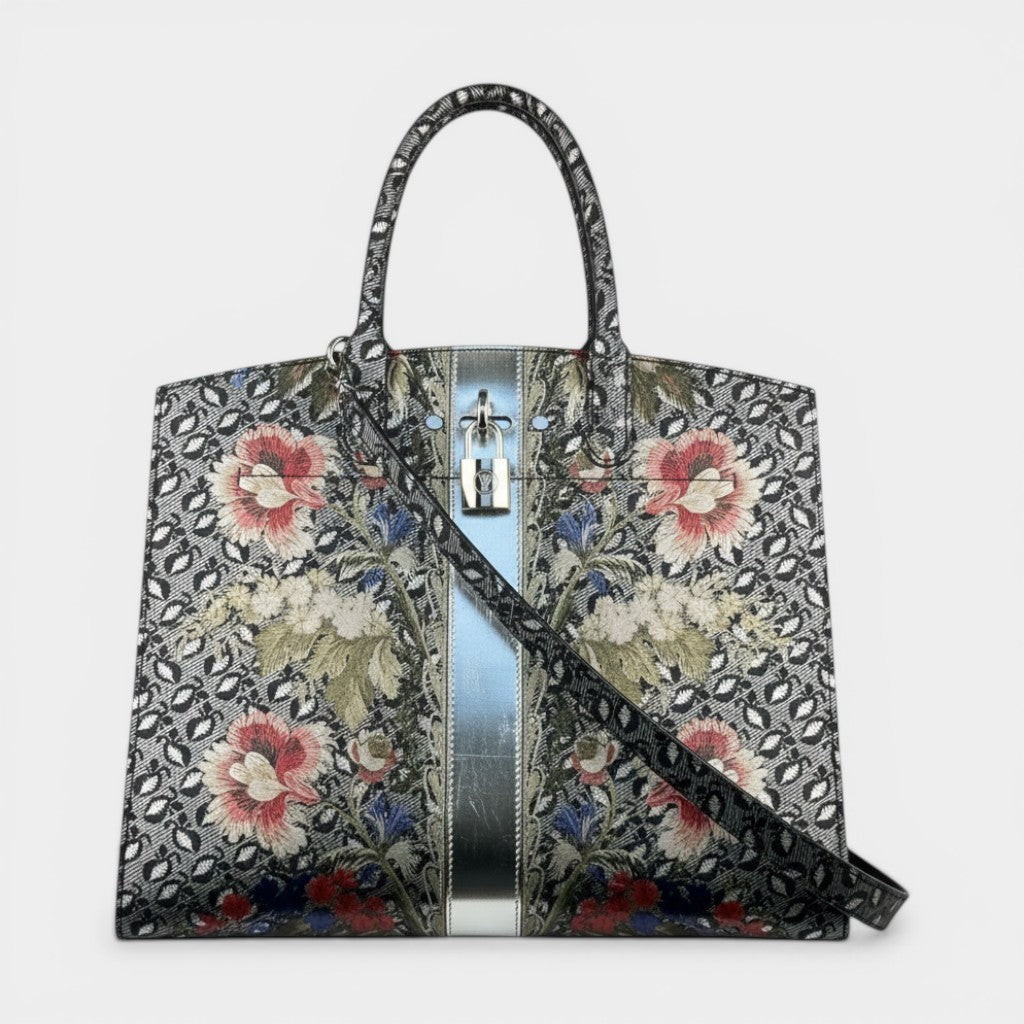 Secondtimearound Louis Vuitton Floral City Steamer MM multicolor leather tote bag with floral print and silver stripe detail.