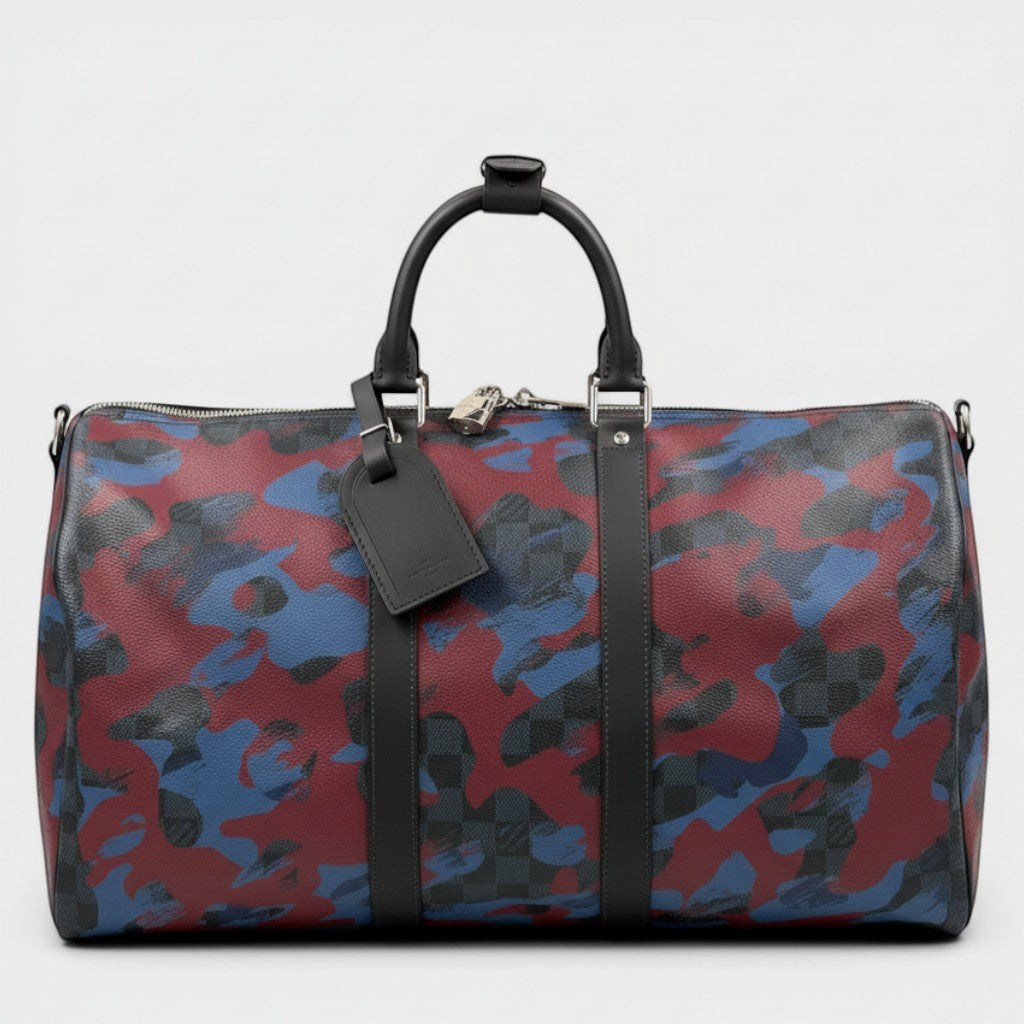 Secondtimearound Louis Vuitton Keepall 45 bag in Damier Cobalt Camouflage print with black leather trim and strap.