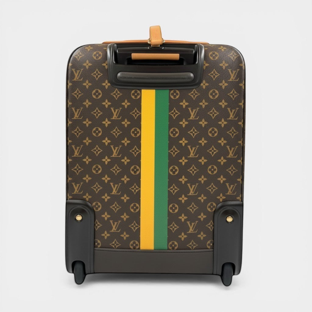 Secondtimearound Louis Vuitton monogram canvas trolley bag with yellow and green stripe detail and leather trim.
