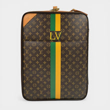 Secondtimearound Louis Vuitton limited edition monogram canvas trolley bag with green and yellow stripes and LV initials.