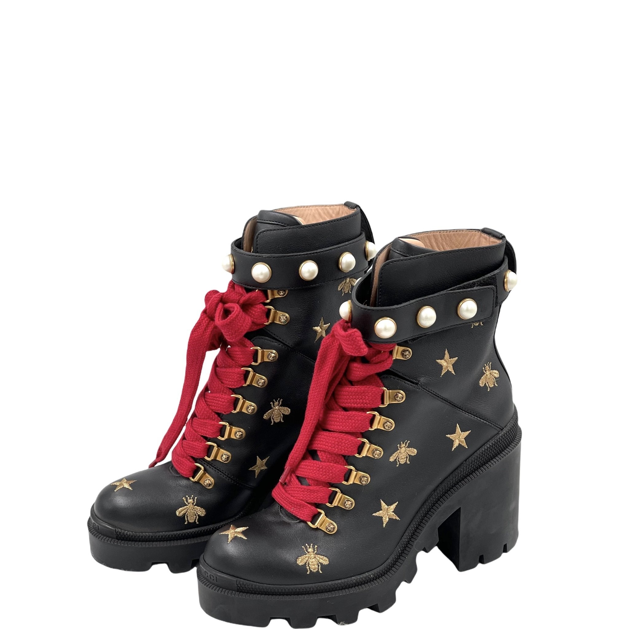 Gucci Calfskin Embroidered Lace Up Combat Ankle Boots