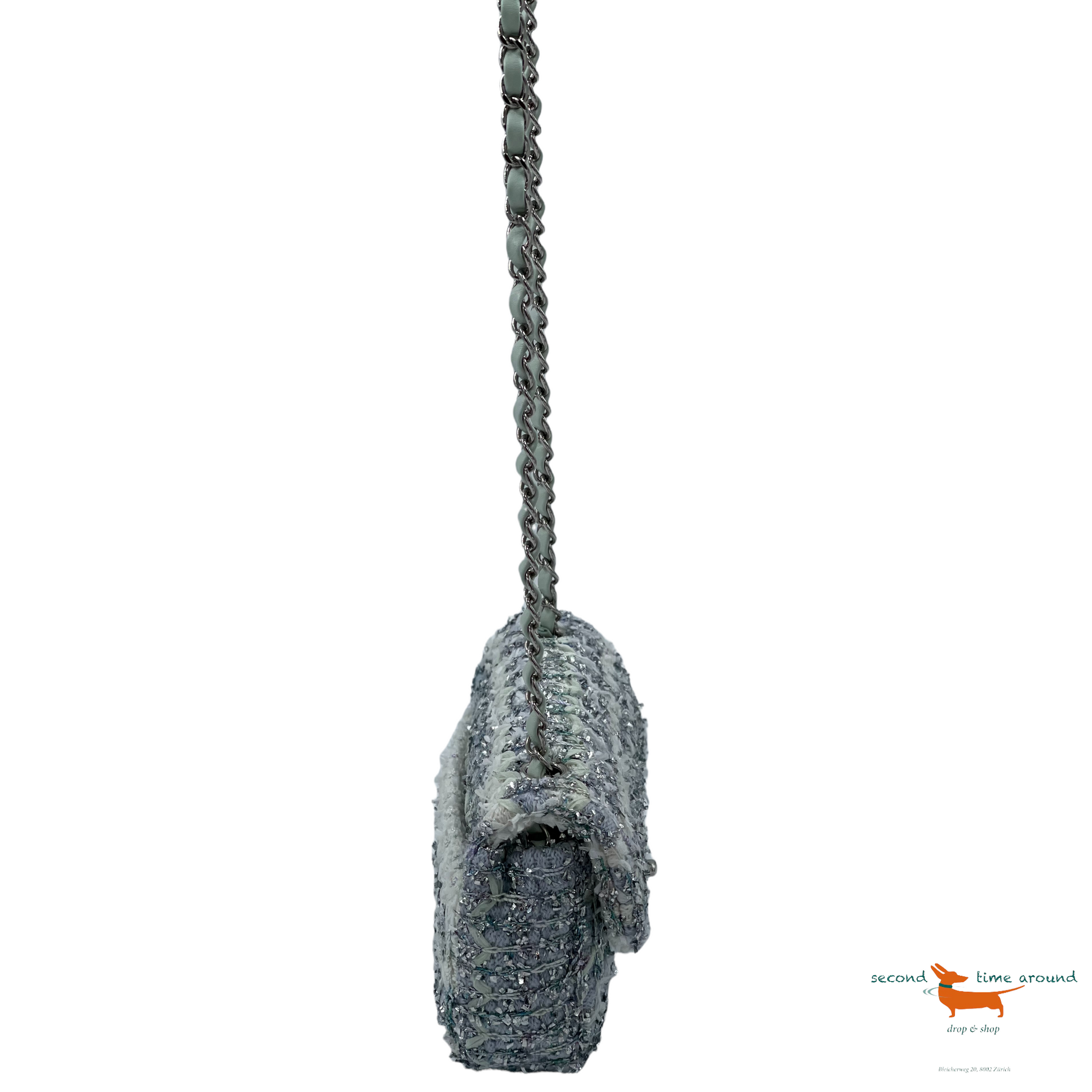 Chanel Classic Flap  Single Quilted and Ribbon Mini Blue Green Silver Tweed Cross Body Bag