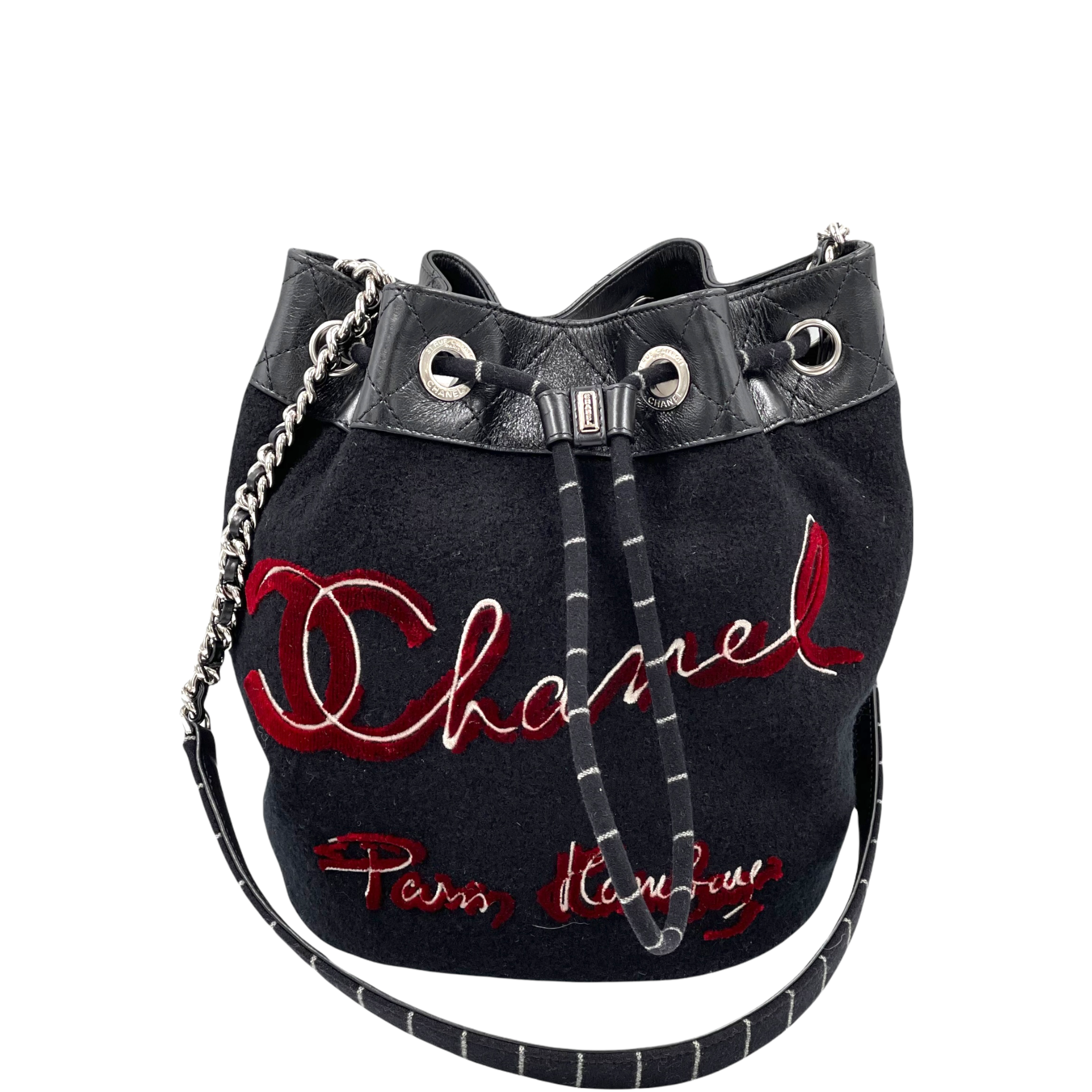 Chanel Embroidered Wool Calfskin Drawstring Bag