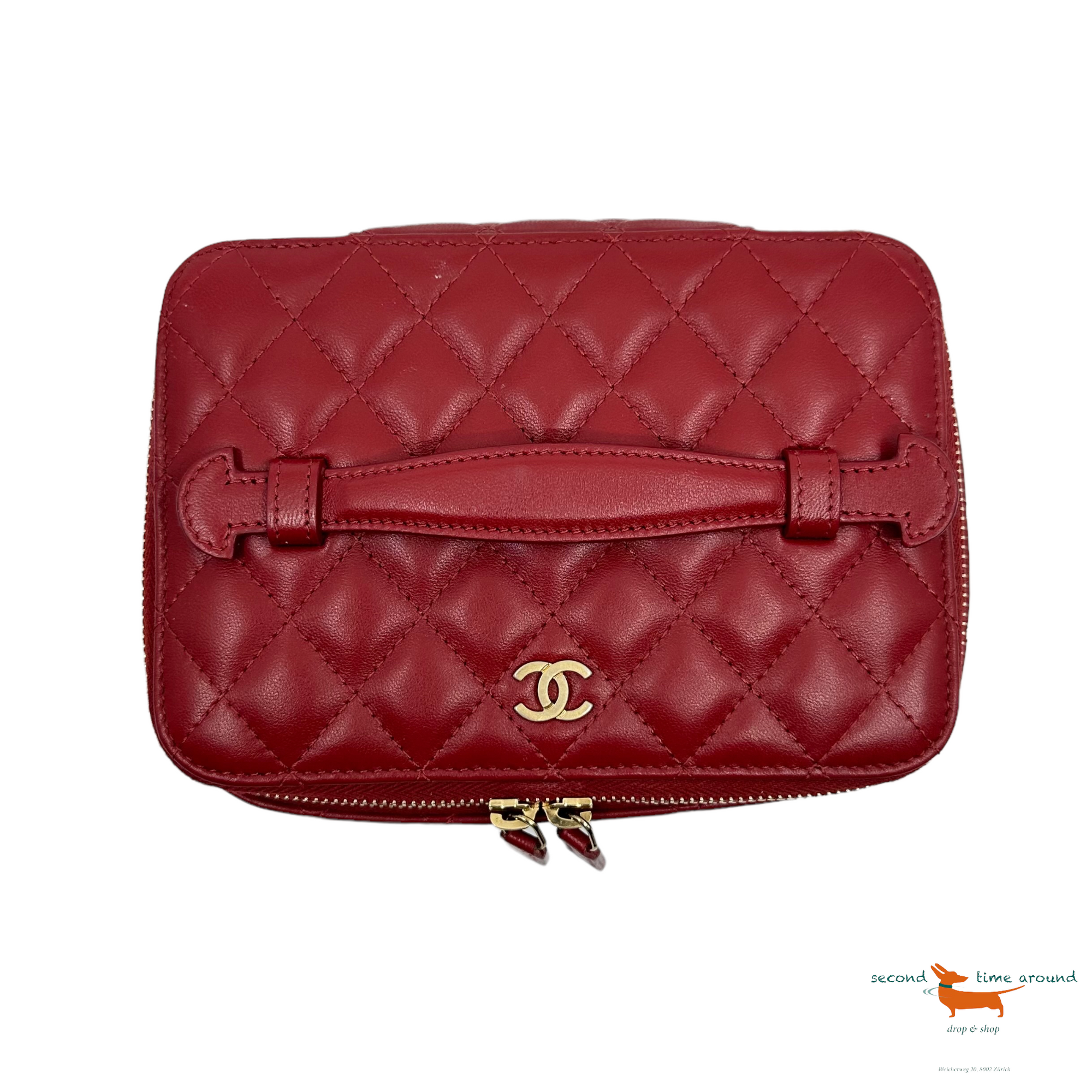 Chanel 20C Red Vanity Jewelry Travel O Case CC Quilted Top Handle Bag