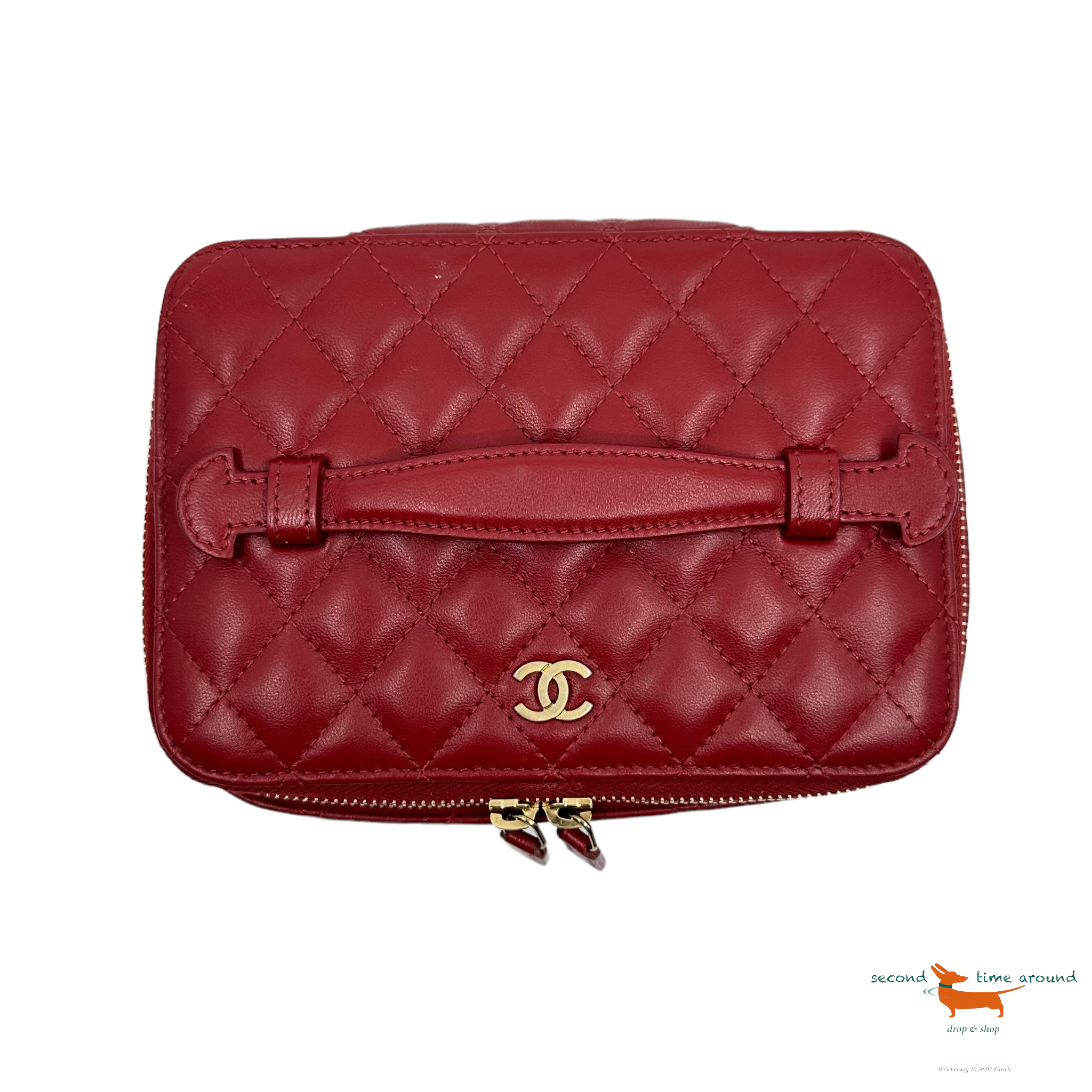 Chanel 20C Red Vanity Jewelry Travel O Case CC Quilted Top Handle Bag