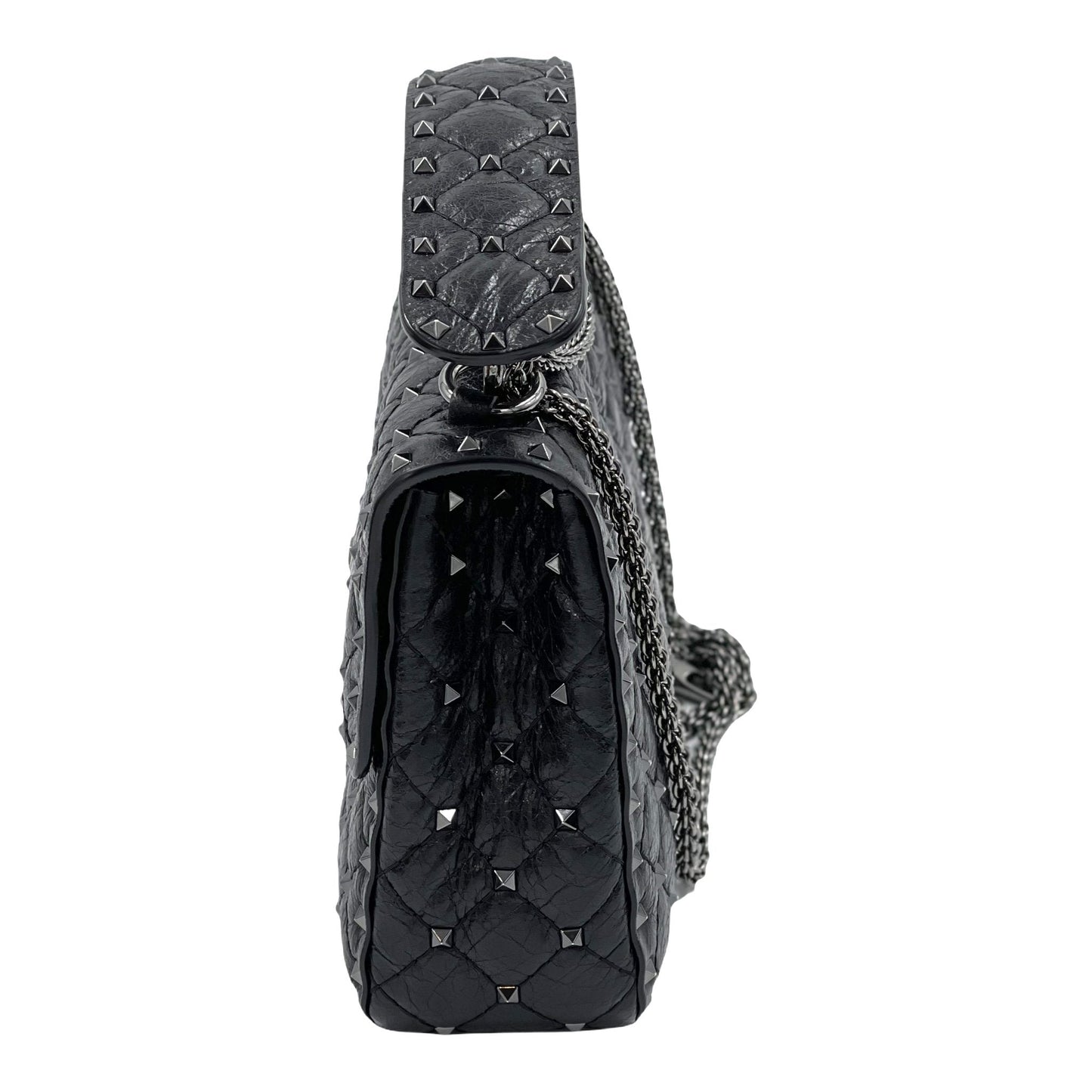 Valentino Craquele Nappa Medium Rockstud Spike Shoulder Bag Black